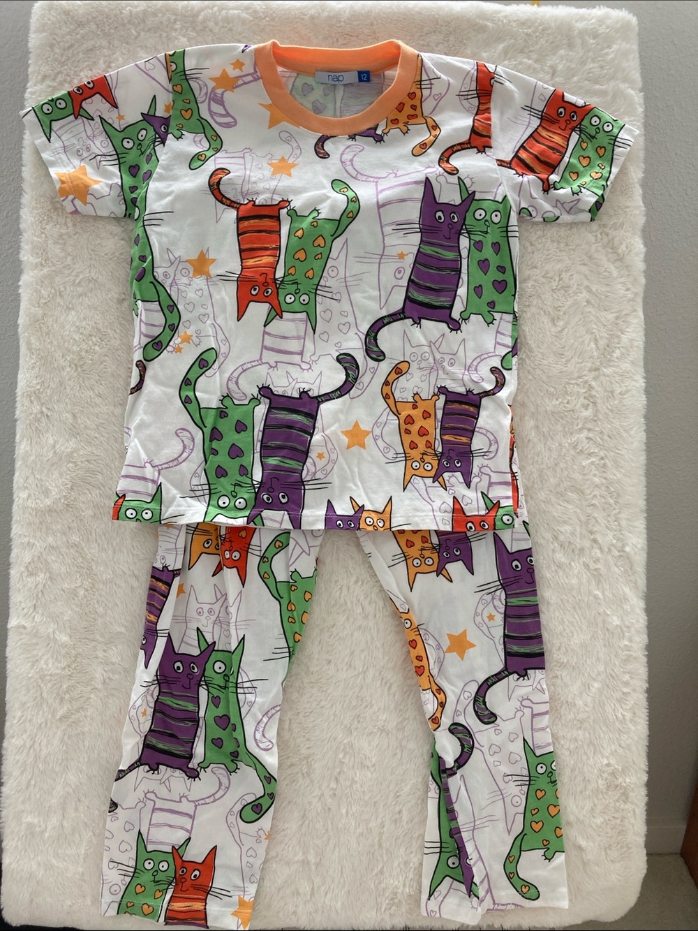 SALE! Kids Cat-Print Pajama Set in White with Green, Purple & Orange Size 12